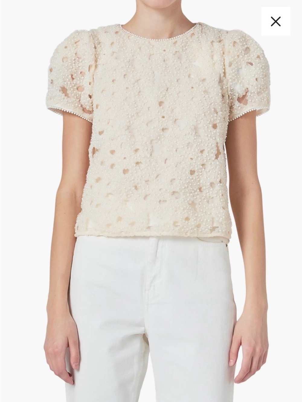 Endless Rose Ivory Pearl Beaded Embellished Puff Sleeve Top Coquette Romantic